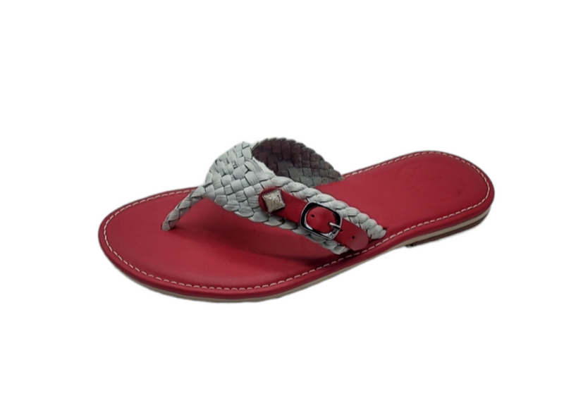 Ladies red and white toe sandals.